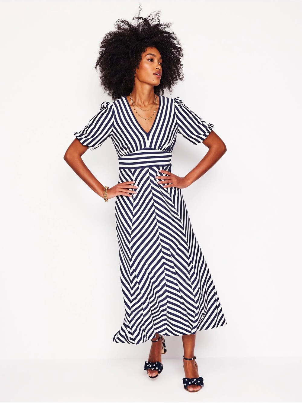 Boden Navy and White Striped V-Neck Midi Dress